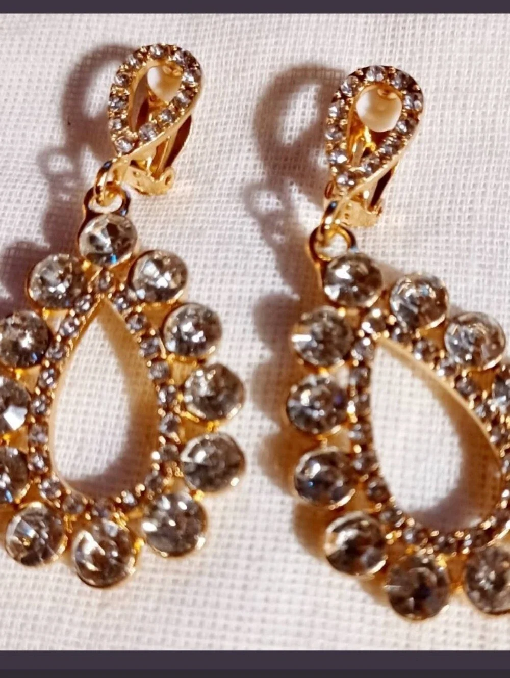 Clip On Gold Crystal Teardrop Drop Earrings - Elegant Women's Jewelry
